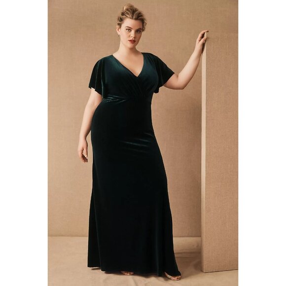 NWOT Jenny Yoo Ellis Flutter-Sleeve Open-Back Stretch Velvet Gown - Picture 6 of 8